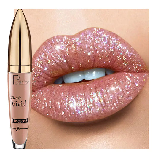 Close-up of glossy, glittery lips with nude-pink shimmer beside Léa Beauty & Cosmetics Pearlescent Matte Lip Gloss Non-Stick Long Lasting Makeup, featuring a dazzling glitter effect and non-stick formula for effortless shine.