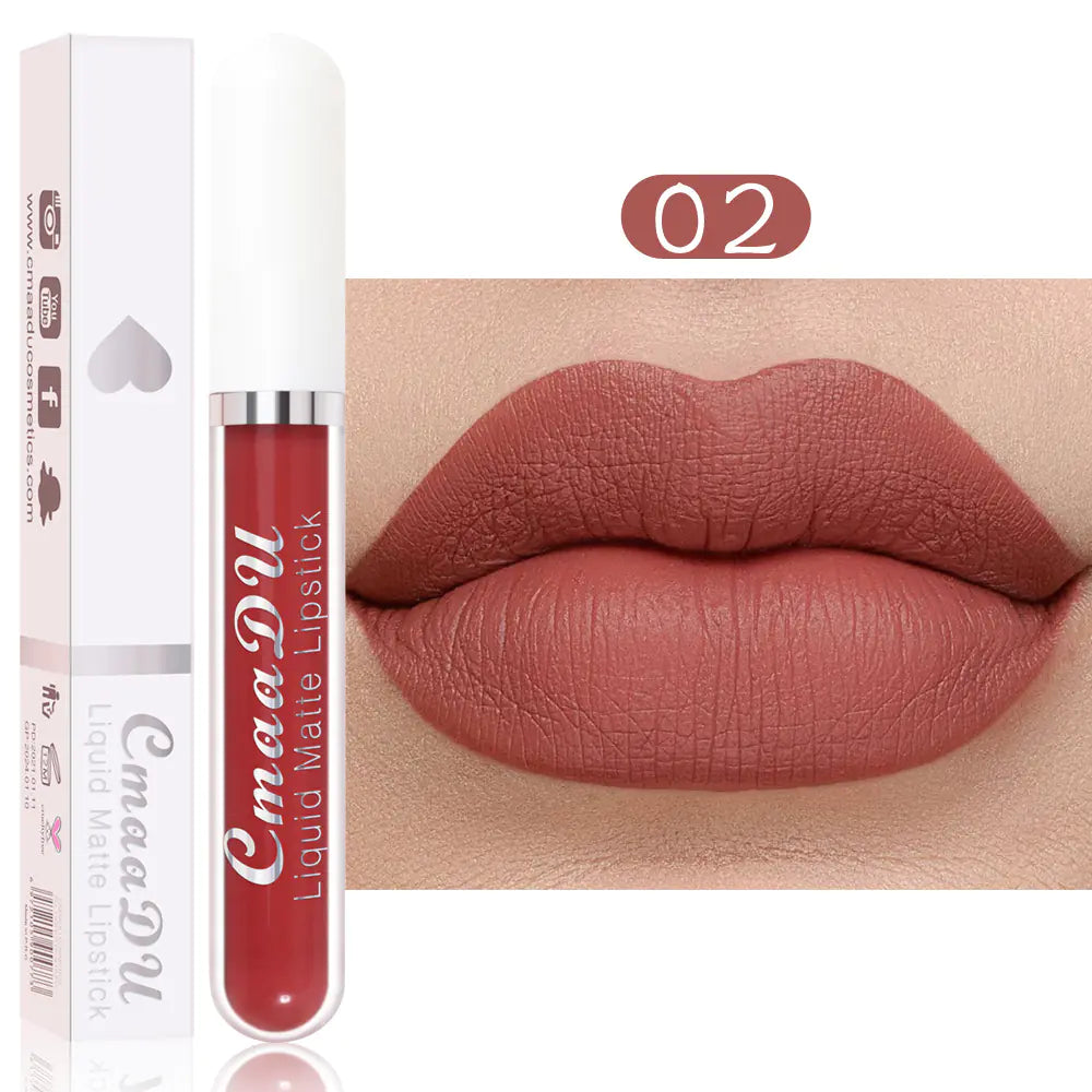 A tube of Léa Beauty & Cosmetics Matte Non-Stick Waterproof Long-Lasting Lip Gloss is shown in shade 02 beside lips wearing the same matte, dusty rose color; the waterproof lip gloss is also displayed in its packaging.