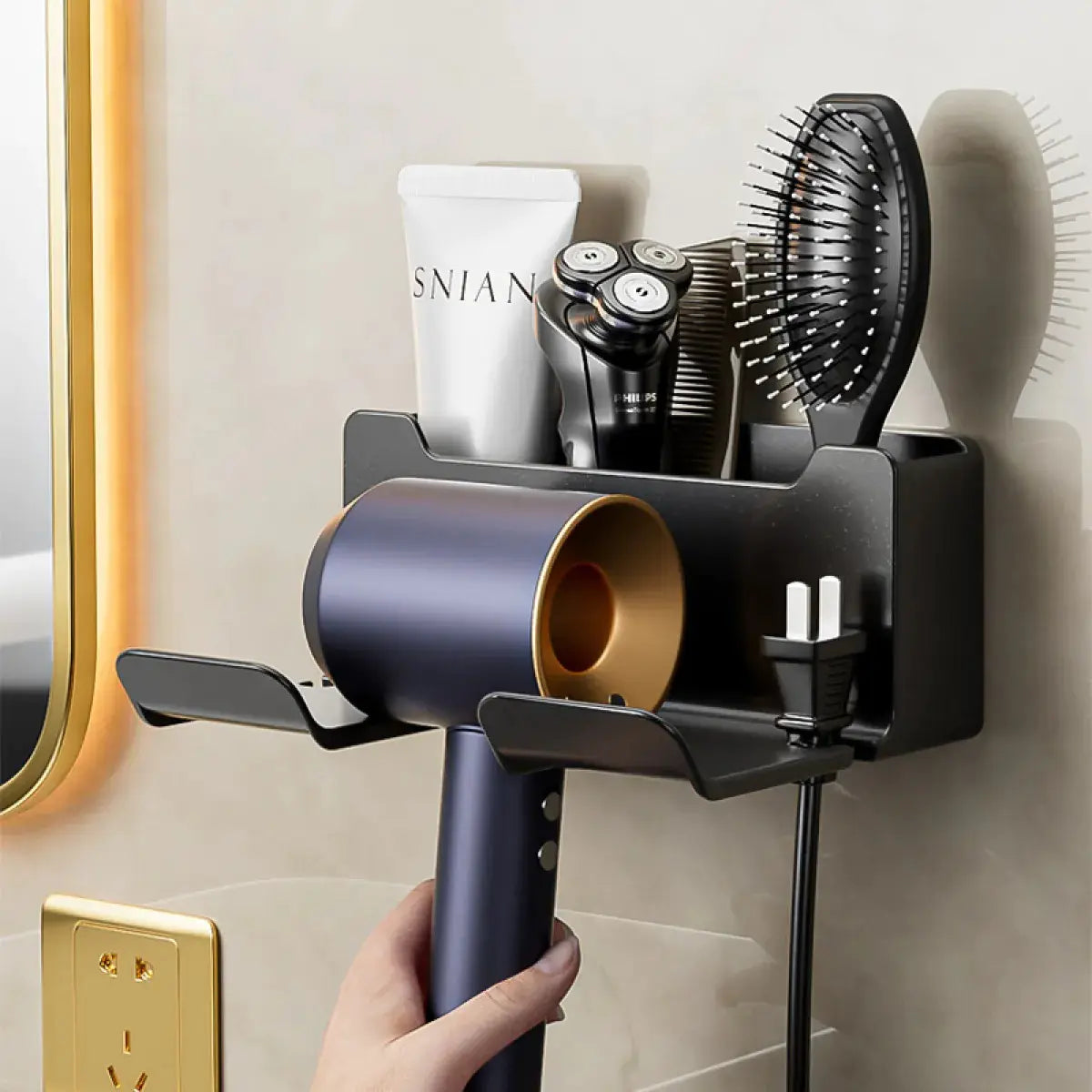 Soporte y almacenamiento para secador de pelo montado en la pared